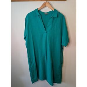 Jaeger British 100% Linen Tunic Dress Kelly Green V-Neck Pockets US14 XL